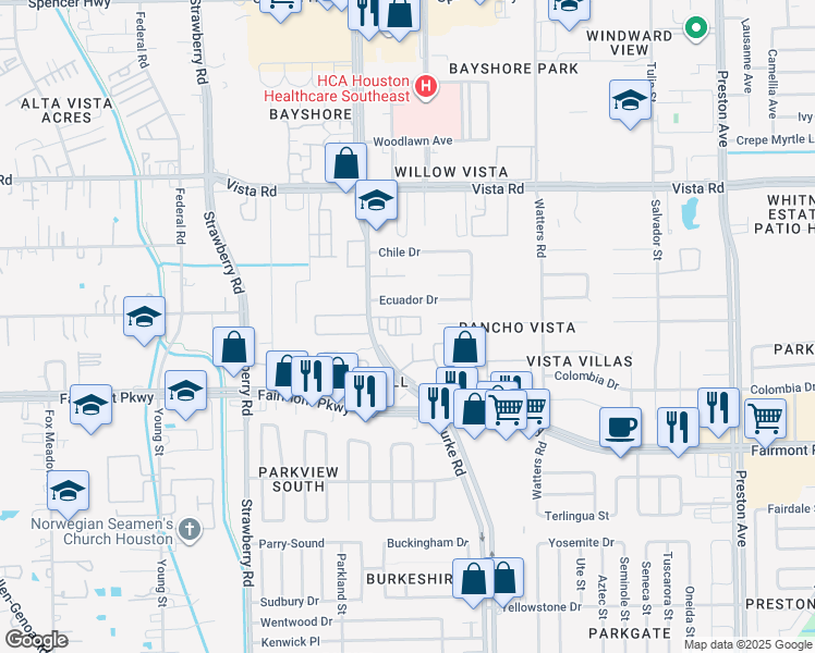 map of restaurants, bars, coffee shops, grocery stores, and more near 3655 Burke Road in Pasadena