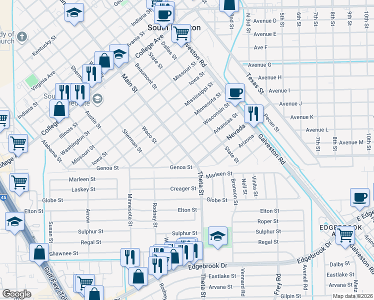 map of restaurants, bars, coffee shops, grocery stores, and more near 905 Arkansas Street in South Houston
