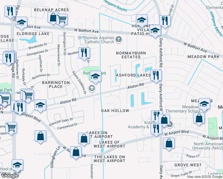 map of restaurants, bars, coffee shops, grocery stores, and more near 2026 Magnolia Crest Lane in Sugar Land