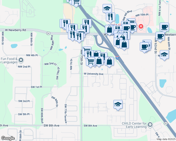 map of restaurants, bars, coffee shops, grocery stores, and more near 7328 West University Avenue in Gainesville