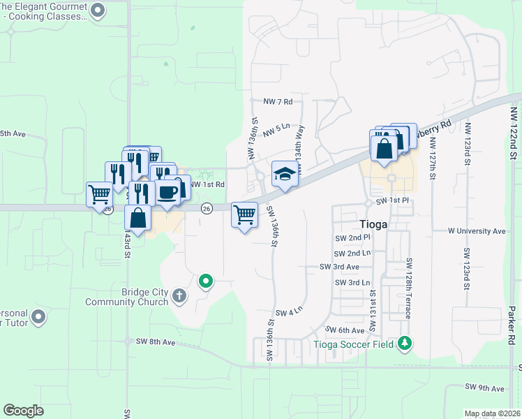 map of restaurants, bars, coffee shops, grocery stores, and more near 13614 Southwest 1st Road in Newberry