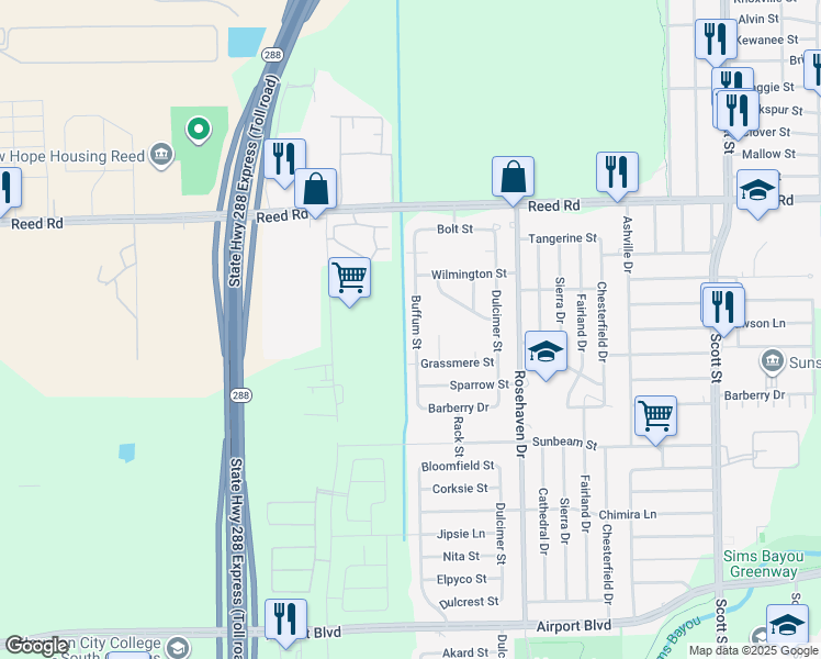 map of restaurants, bars, coffee shops, grocery stores, and more near 9610 Buffum Street in Houston