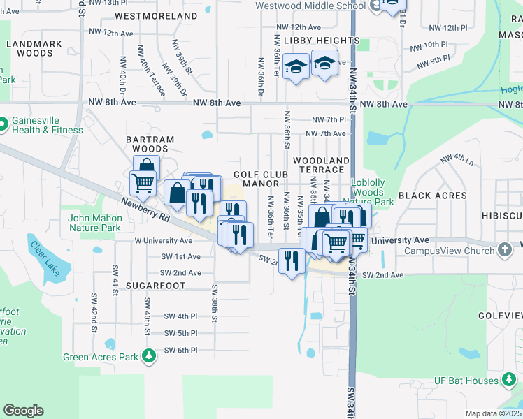 map of restaurants, bars, coffee shops, grocery stores, and more near 208 Northwest 36th Drive in Gainesville