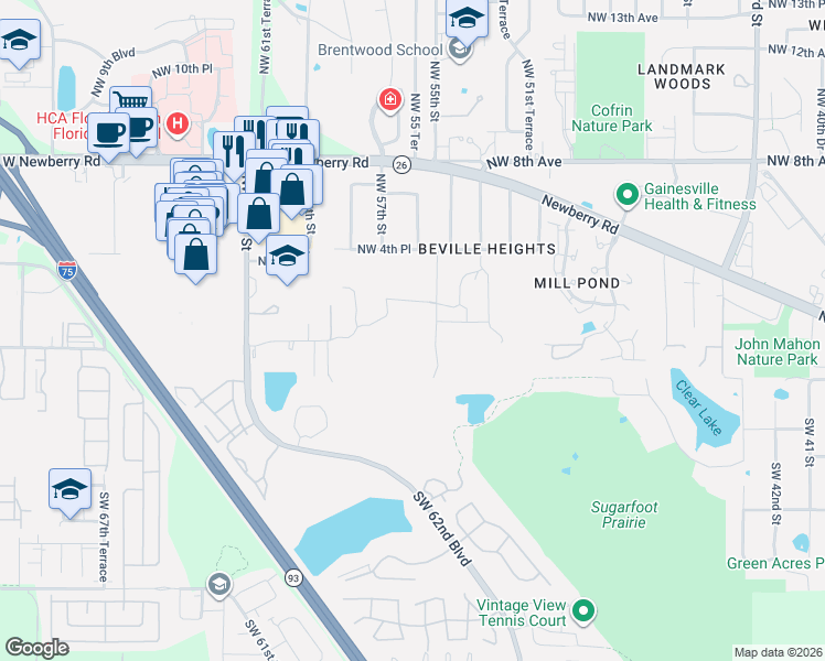 map of restaurants, bars, coffee shops, grocery stores, and more near 110 Northwest 55th Street in Gainesville