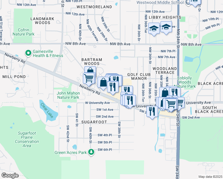 map of restaurants, bars, coffee shops, grocery stores, and more near 3832 West Newberry Road in Gainesville