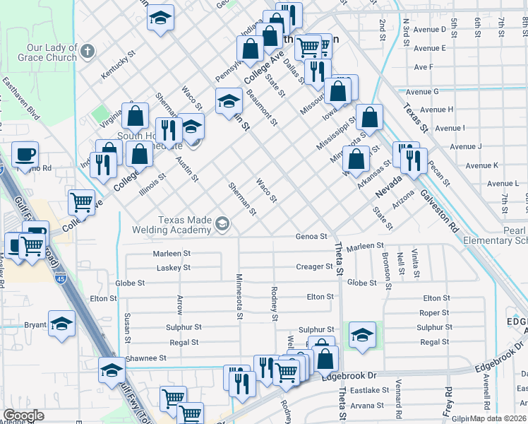 map of restaurants, bars, coffee shops, grocery stores, and more near 1011 Minnesota Street in South Houston