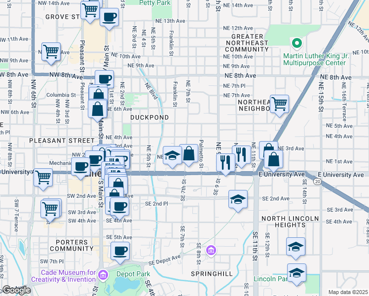 map of restaurants, bars, coffee shops, grocery stores, and more near 717 Northeast 3rd Avenue in Gainesville