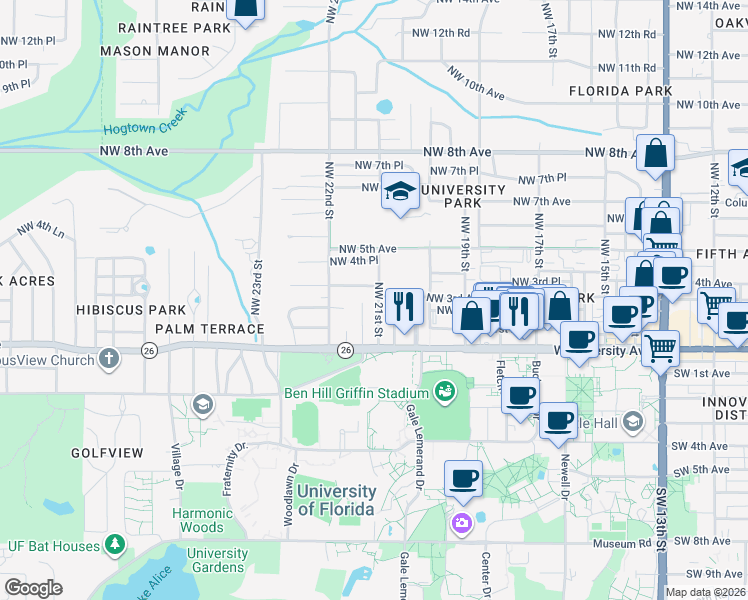 map of restaurants, bars, coffee shops, grocery stores, and more near 212 Northwest 21st Street in Gainesville