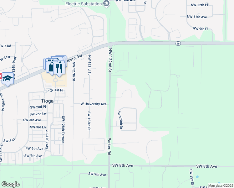 map of restaurants, bars, coffee shops, grocery stores, and more near 12124 Northwest 1st Lane in Gainesville