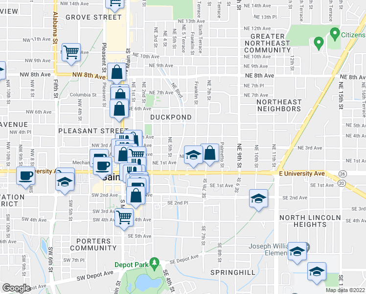 map of restaurants, bars, coffee shops, grocery stores, and more near 211 Northeast Boulevard in Gainesville