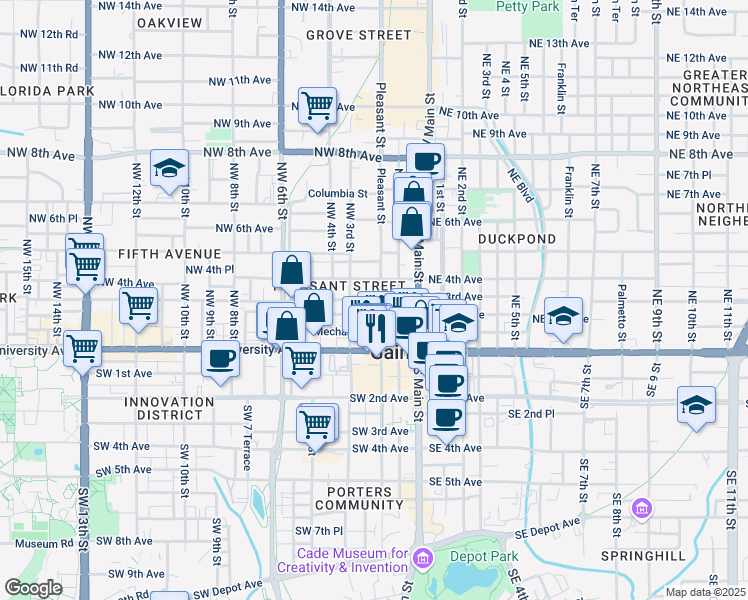 map of restaurants, bars, coffee shops, grocery stores, and more near 224 Northwest 2 Avenue in Gainesville