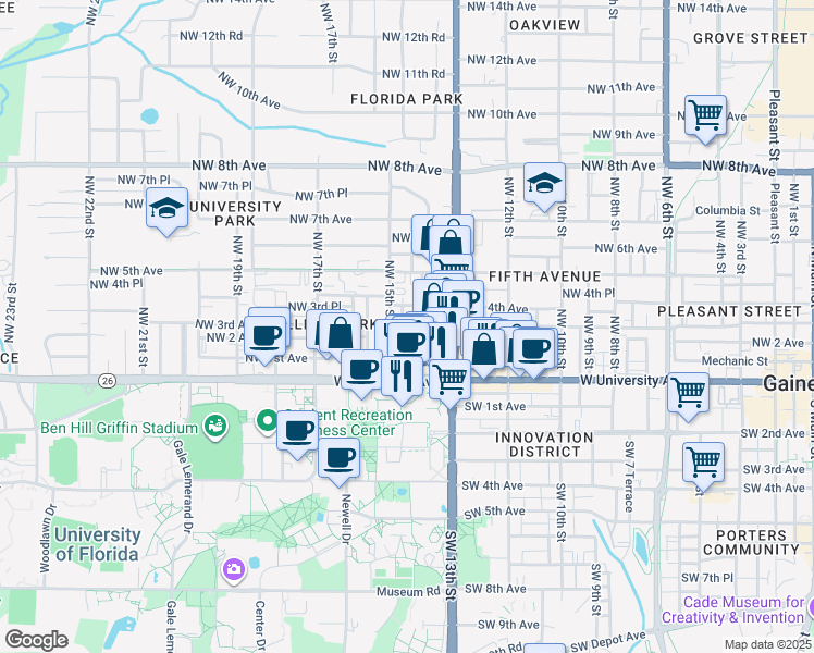 map of restaurants, bars, coffee shops, grocery stores, and more near 1414 Northwest 2 Avenue in Gainesville