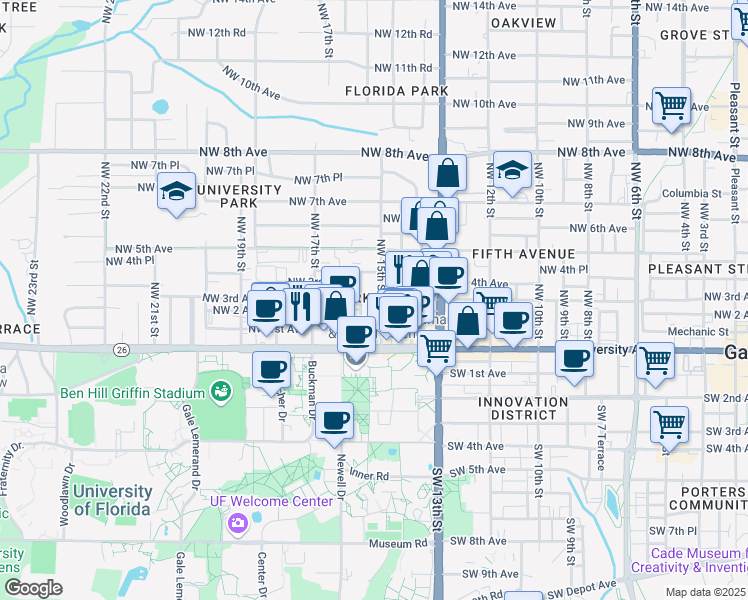 map of restaurants, bars, coffee shops, grocery stores, and more near 111 Northwest 16th Street in Gainesville