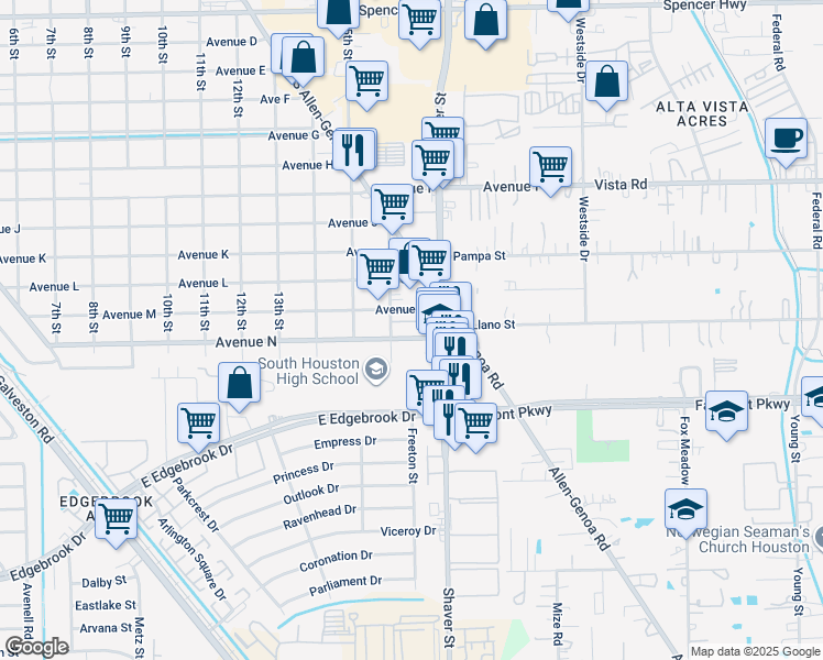 map of restaurants, bars, coffee shops, grocery stores, and more near 1606 Avenue North in South Houston