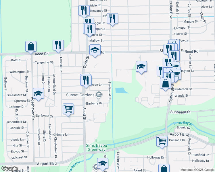 map of restaurants, bars, coffee shops, grocery stores, and more near 4215 Grassmere Street in Houston