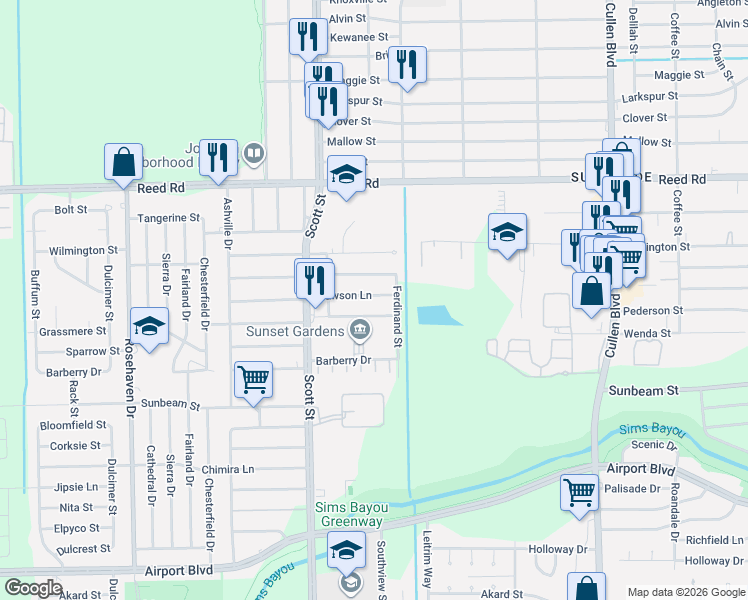 map of restaurants, bars, coffee shops, grocery stores, and more near 4215 Grassmere Street in Houston