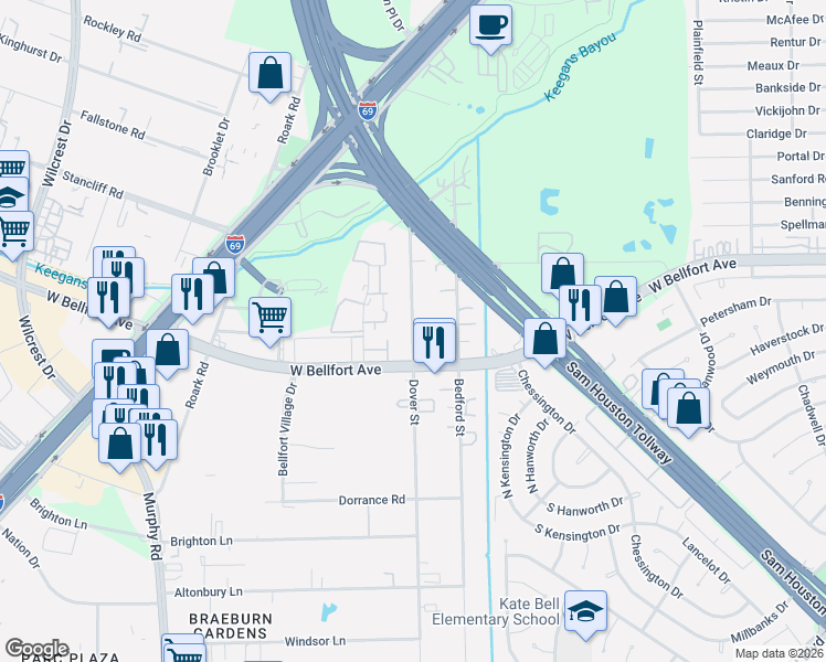 map of restaurants, bars, coffee shops, grocery stores, and more near 11526 Dover Street in Houston