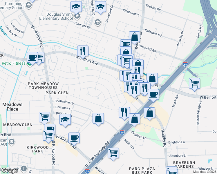 map of restaurants, bars, coffee shops, grocery stores, and more near 10919 Montverde Lane in Houston