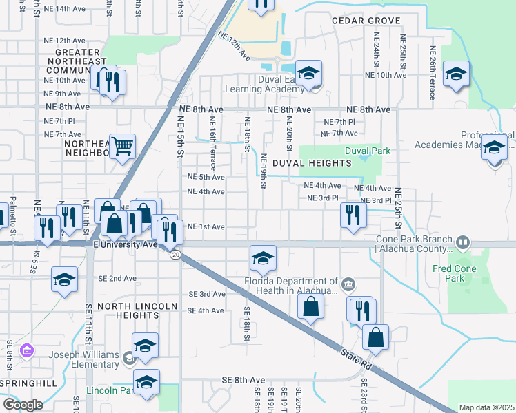 map of restaurants, bars, coffee shops, grocery stores, and more near 1814 Northeast 3rd Avenue in Gainesville