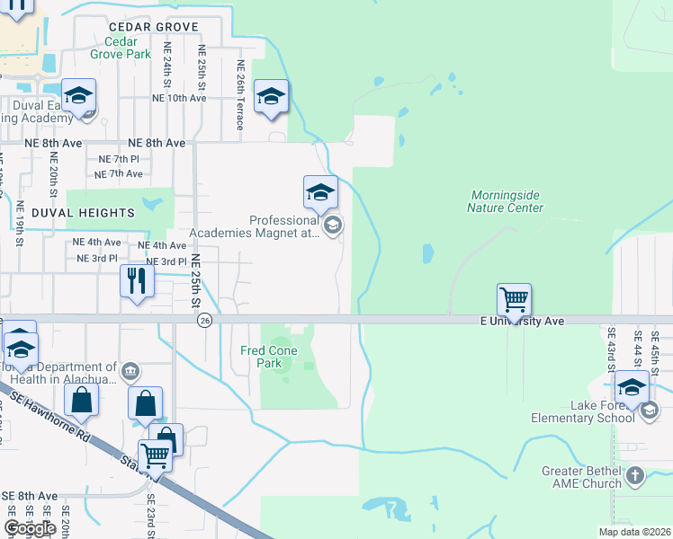 map of restaurants, bars, coffee shops, grocery stores, and more near Ellen West Boulevard in Gainesville