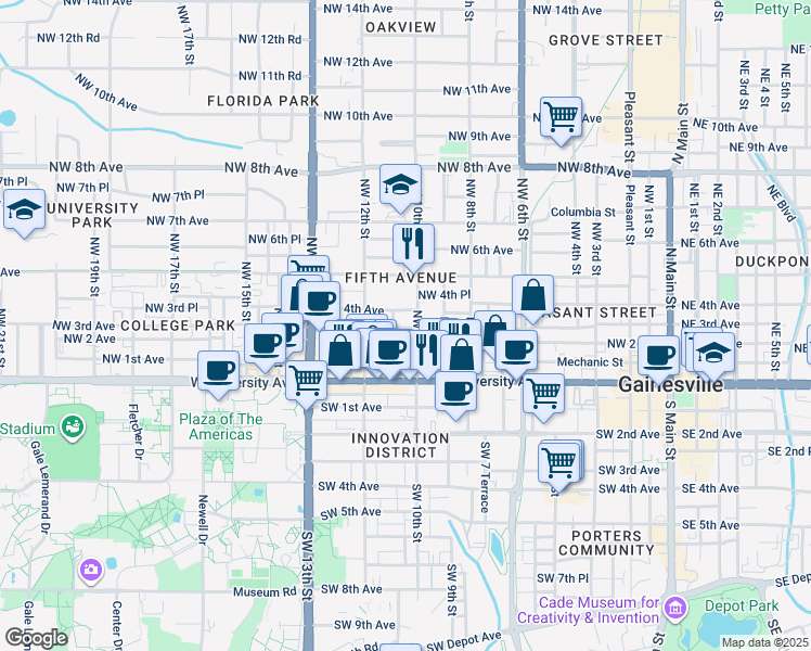 map of restaurants, bars, coffee shops, grocery stores, and more near 1012 Northwest 3rd Avenue in Gainesville