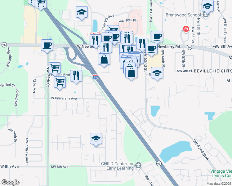 map of restaurants, bars, coffee shops, grocery stores, and more near State Highway 93 in Gainesville