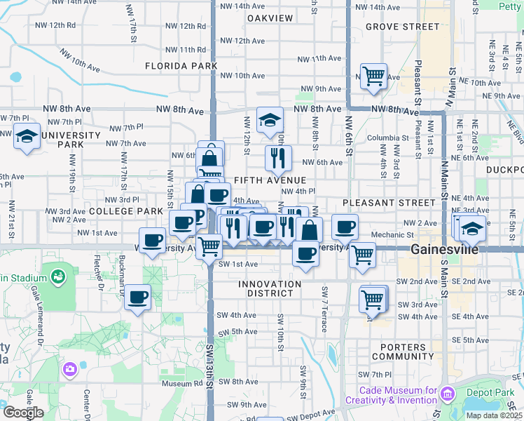 map of restaurants, bars, coffee shops, grocery stores, and more near 1105 Northwest 3rd Avenue in Gainesville