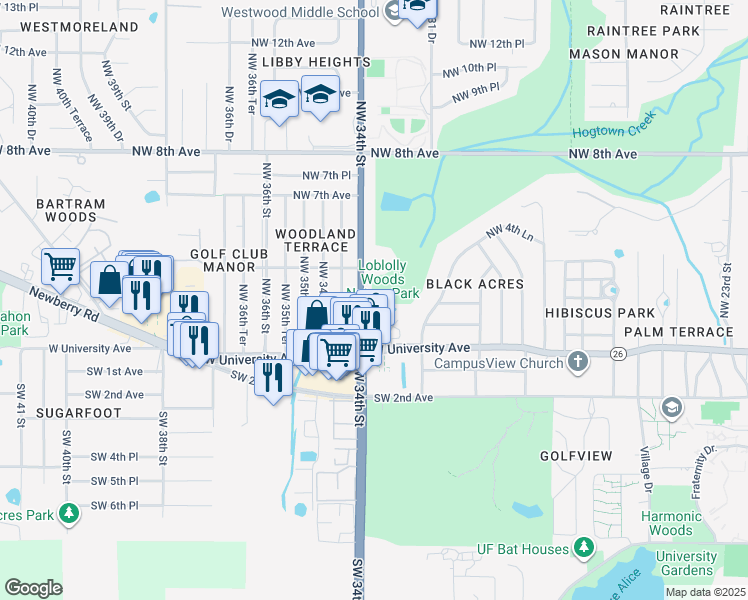 map of restaurants, bars, coffee shops, grocery stores, and more near 223 Northwest 34th Street in Gainesville