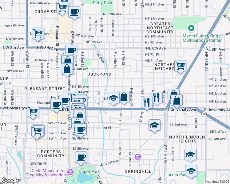 map of restaurants, bars, coffee shops, grocery stores, and more near 211 Northeast 6th Street in Gainesville