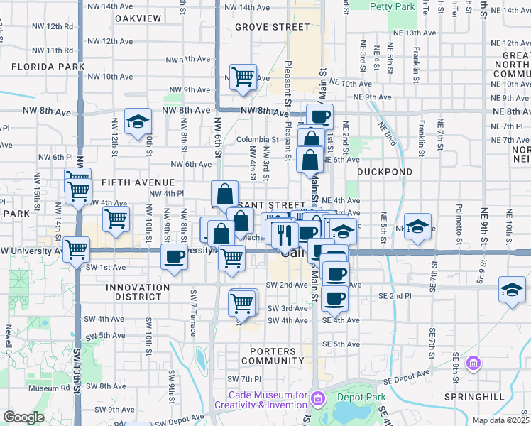 map of restaurants, bars, coffee shops, grocery stores, and more near 224 Northwest 2 Avenue in Gainesville