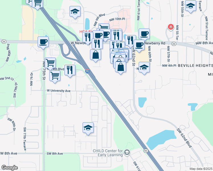 map of restaurants, bars, coffee shops, grocery stores, and more near State Highway 93 in Gainesville