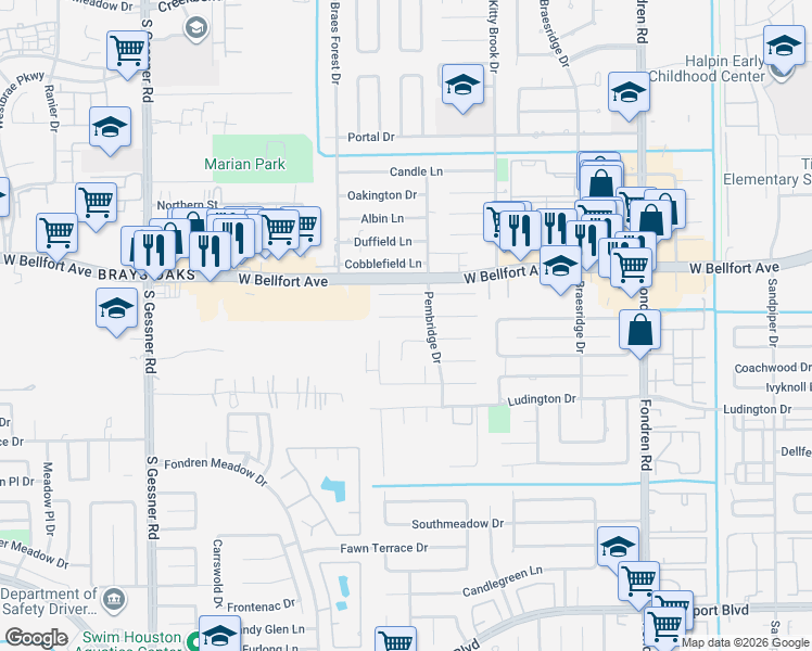 map of restaurants, bars, coffee shops, grocery stores, and more near 7927 Quail Meadow Drive in Houston