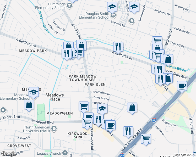 map of restaurants, bars, coffee shops, grocery stores, and more near 11719 Dunfield Lane in Houston