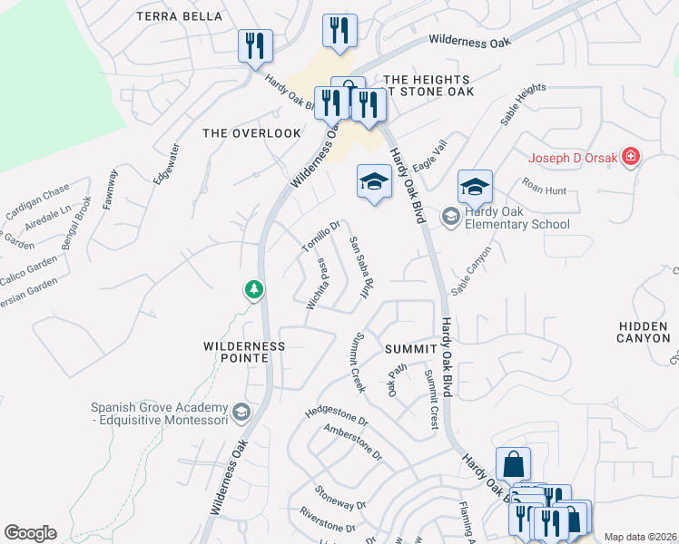 map of restaurants, bars, coffee shops, grocery stores, and more near 22718 Wichita Pass in San Antonio