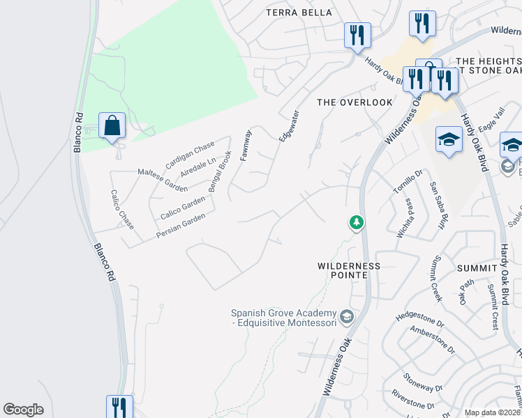 map of restaurants, bars, coffee shops, grocery stores, and more near 805 Pinon Boulevard in San Antonio
