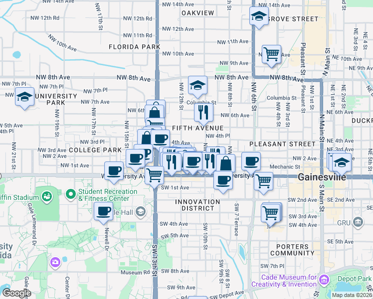 map of restaurants, bars, coffee shops, grocery stores, and more near 1105 Northwest 3rd Avenue in Gainesville
