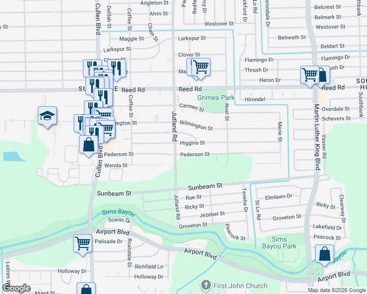 map of restaurants, bars, coffee shops, grocery stores, and more near 5012 Higgins Street in Houston