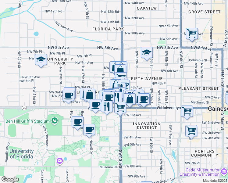 map of restaurants, bars, coffee shops, grocery stores, and more near 1414 Northwest 2 Avenue in Gainesville