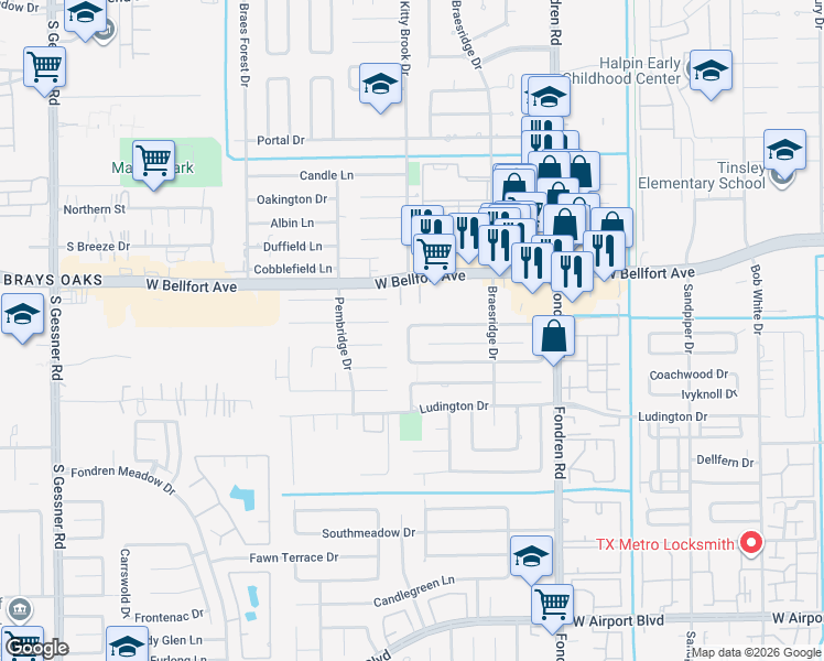 map of restaurants, bars, coffee shops, grocery stores, and more near 11423 Woodknoll Lane in Houston