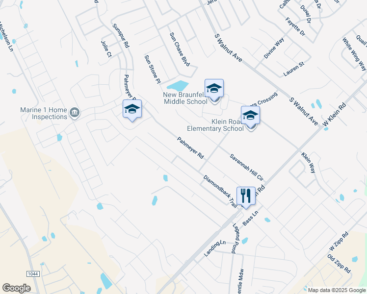 map of restaurants, bars, coffee shops, grocery stores, and more near 2584 Pahmeyer Road in New Braunfels