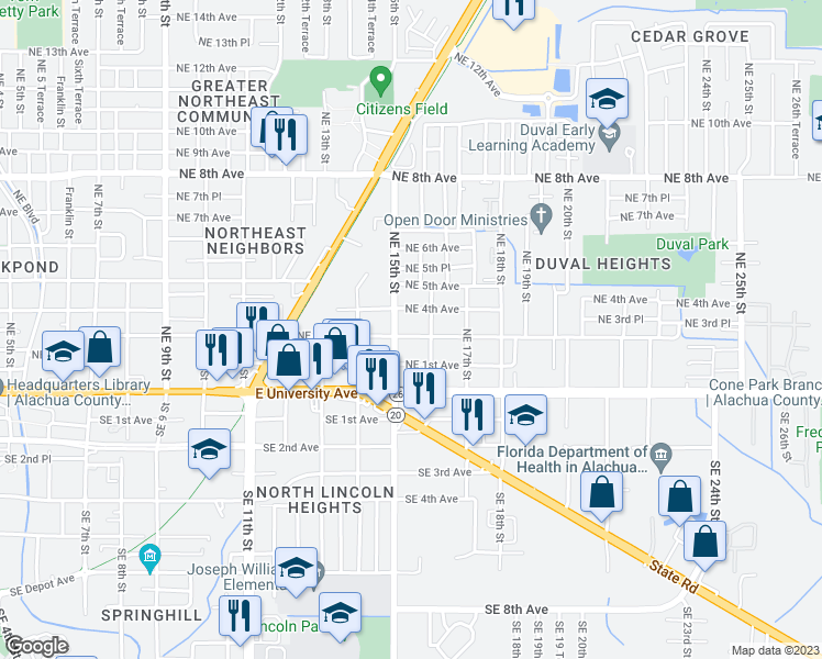 map of restaurants, bars, coffee shops, grocery stores, and more near 1512 Northeast 3rd Avenue in Gainesville