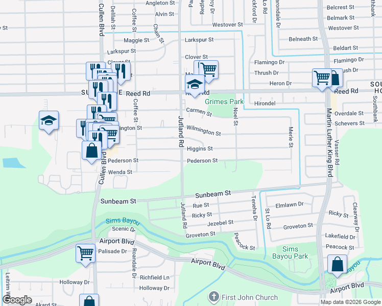 map of restaurants, bars, coffee shops, grocery stores, and more near 5023 Pederson Street in Houston