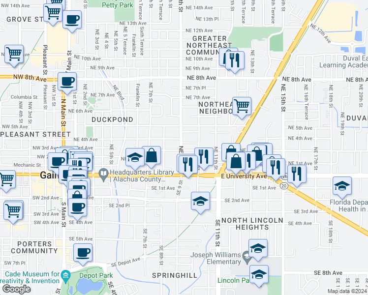 map of restaurants, bars, coffee shops, grocery stores, and more near 305 Northeast 9th Street in Gainesville