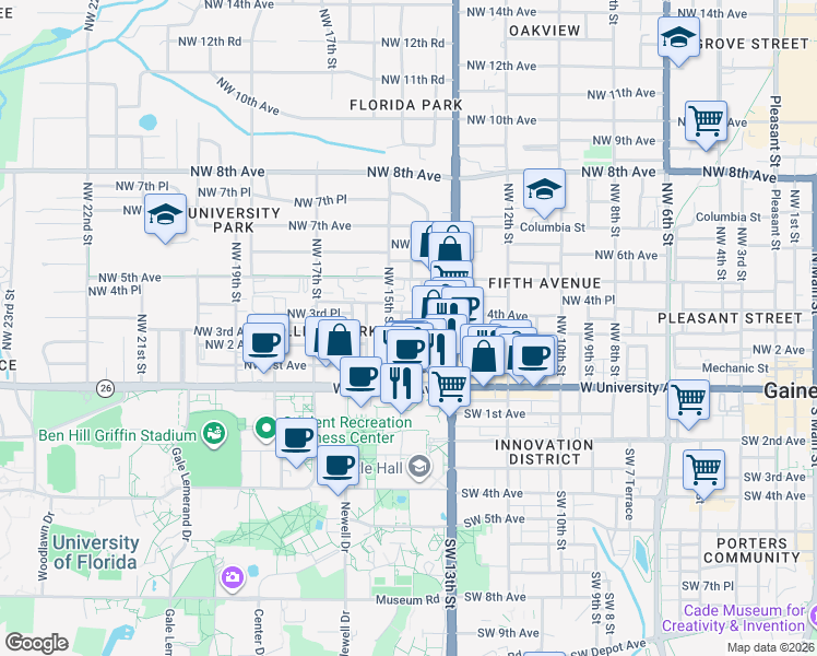map of restaurants, bars, coffee shops, grocery stores, and more near 1414 Northwest 2 Avenue in Gainesville