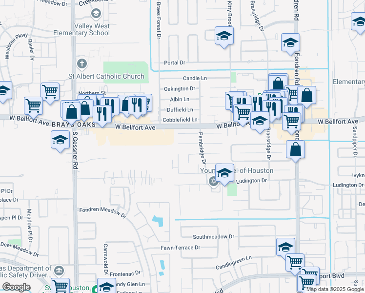 map of restaurants, bars, coffee shops, grocery stores, and more near 7927 Quail Meadow Dr in Houston