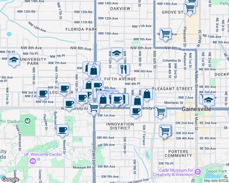 map of restaurants, bars, coffee shops, grocery stores, and more near 1112 Northwest 3rd Avenue in Gainesville
