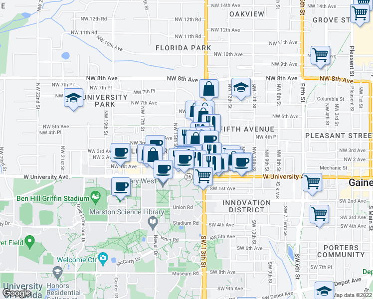 map of restaurants, bars, coffee shops, grocery stores, and more near 1408 Northwest 3rd Avenue in Gainesville