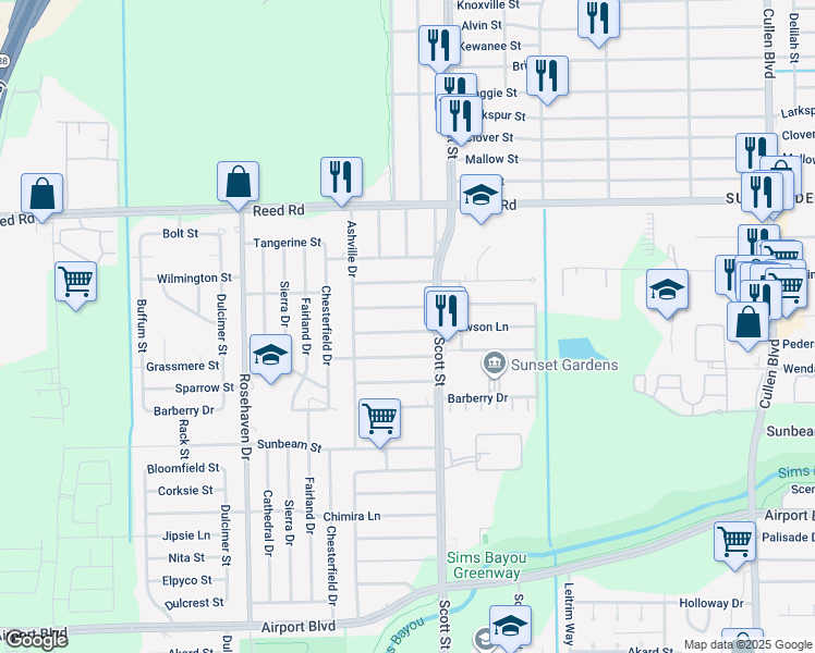 map of restaurants, bars, coffee shops, grocery stores, and more near 3621 Dawson Lane in Houston