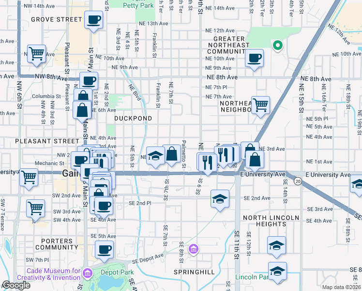 map of restaurants, bars, coffee shops, grocery stores, and more near 717 Northeast 3rd Avenue in Gainesville