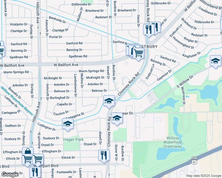 map of restaurants, bars, coffee shops, grocery stores, and more near 5507 Belrose Drive in Houston
